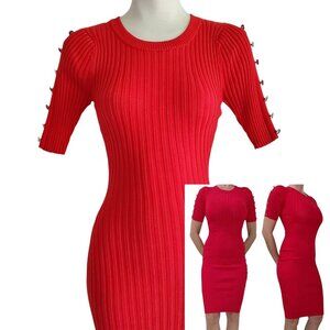 Venus *New* Cherry Red Sexy Sweater Dress Short Sleeves BodyCon Side Buttons S
